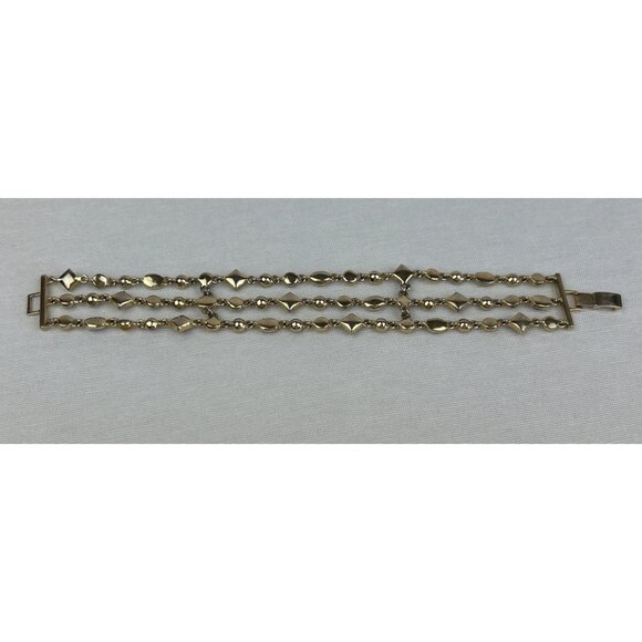 Gold Tone Triple Strand Bracelet Amber Honey Brown Color Gemstones - Picture 5 of 6